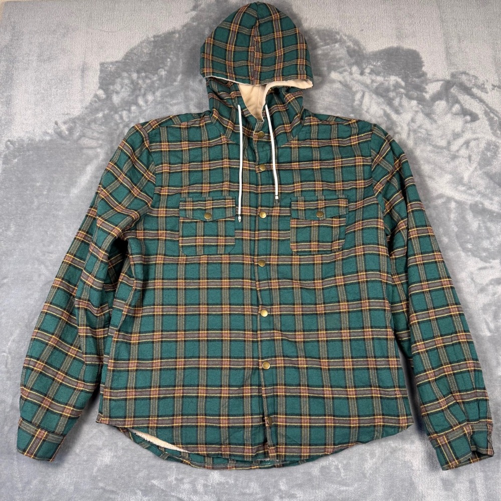 Z MAN Mens Plaid Sherpa Lined Hooded Flannel‎ Shirt Jacket Green Brown
